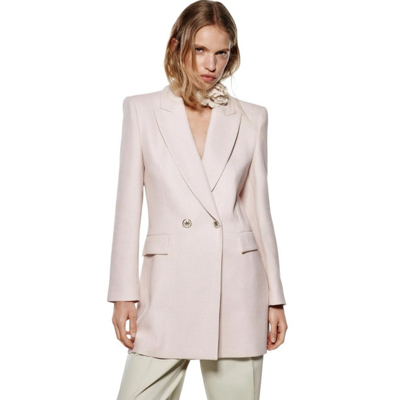 Zara Double Breasted Long Blazer Women S Pink Tailored Fitted Academia Tweed - Picture 4 of 16